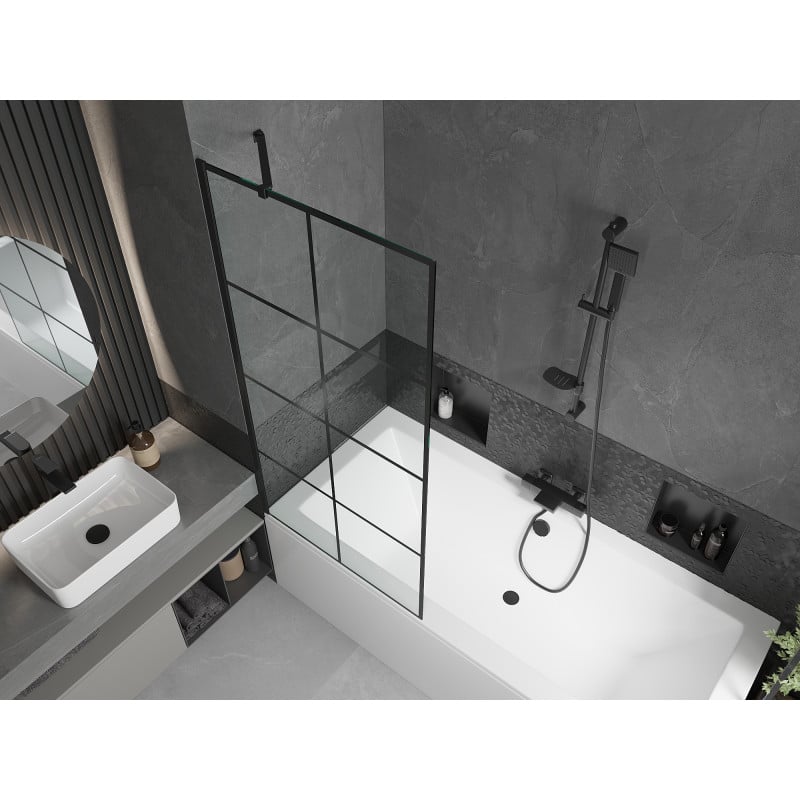 Mexen Cube Rechteckige Badewanne 170 x 80 cm mit Verkleidung und einflügeliger Trennwand 80 cm, schwarzes Muster