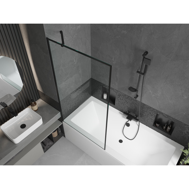 Mexen Cube Rechteckige Badewanne 170 x 80 cm mit Verkleidung und einflügeliger 90 cm Duschwand, schwarzes Muster