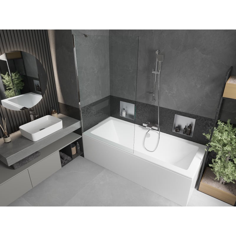 Mexen Cube Rechteckige Badewanne 170 x 80 cm mit Verkleidung und 1-flügeliger Duschwand 100 cm, transparent, Chrom