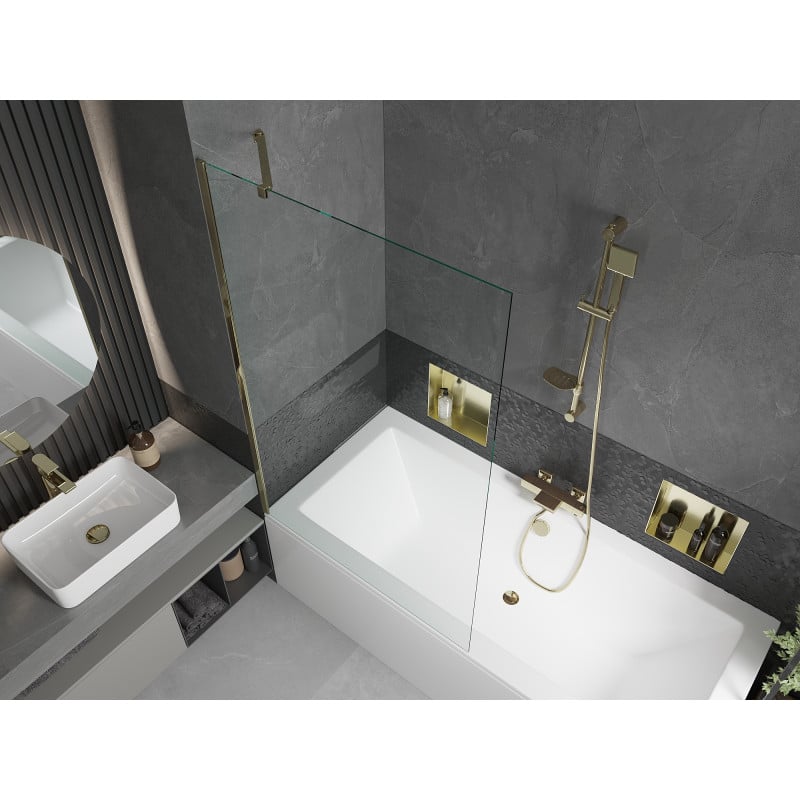 Mexen Cube Rechteckige Badewanne 170 x 80 cm mit Verkleidung und 1-flügeliger 100 cm Duschwand, transparent, gold