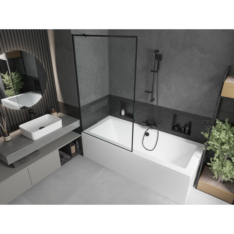 Mexen Cube Rechteckige Badewanne 170 x 80 cm mit Verkleidung und 1-flügeligem Schirm 100 cm, schwarzes Muster