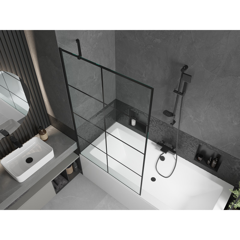 Mexen Cube Rechteckige Badewanne 170 x 80 cm mit Verkleidung und 1-flügeliger Abtrennung 100 cm, schwarzes Muster