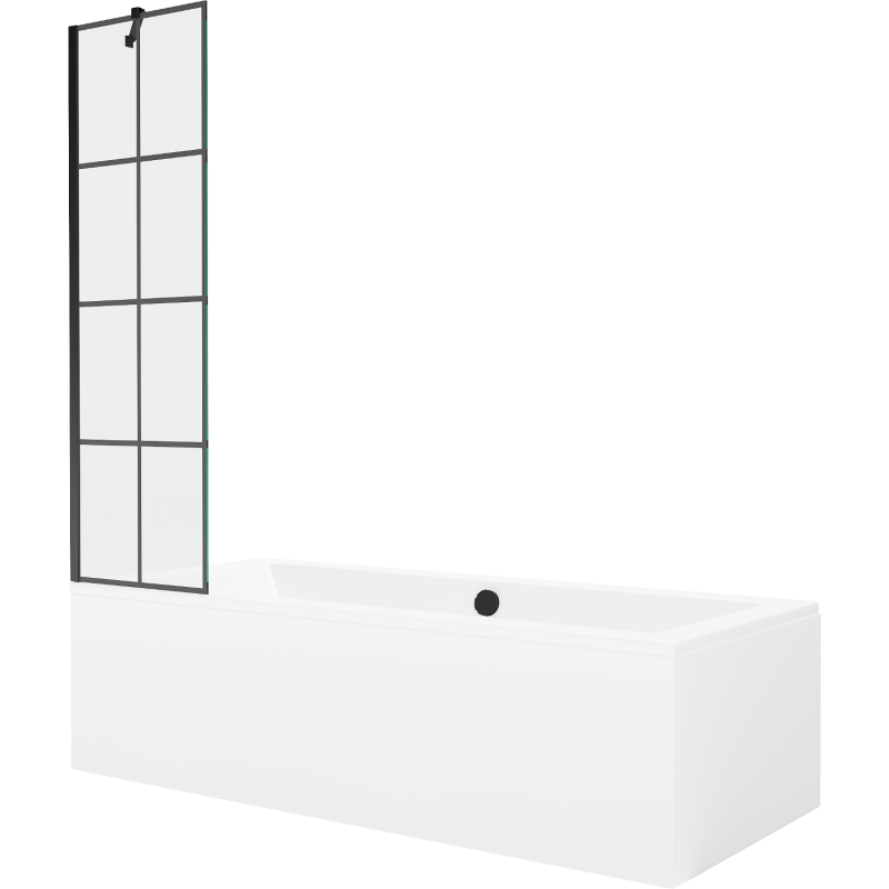 Mexen Cube rechteckige Badewanne 180 x 80 cm mit Verkleidung und 1-flügeliger Abtrennung 50 cm, schwarzes Muster