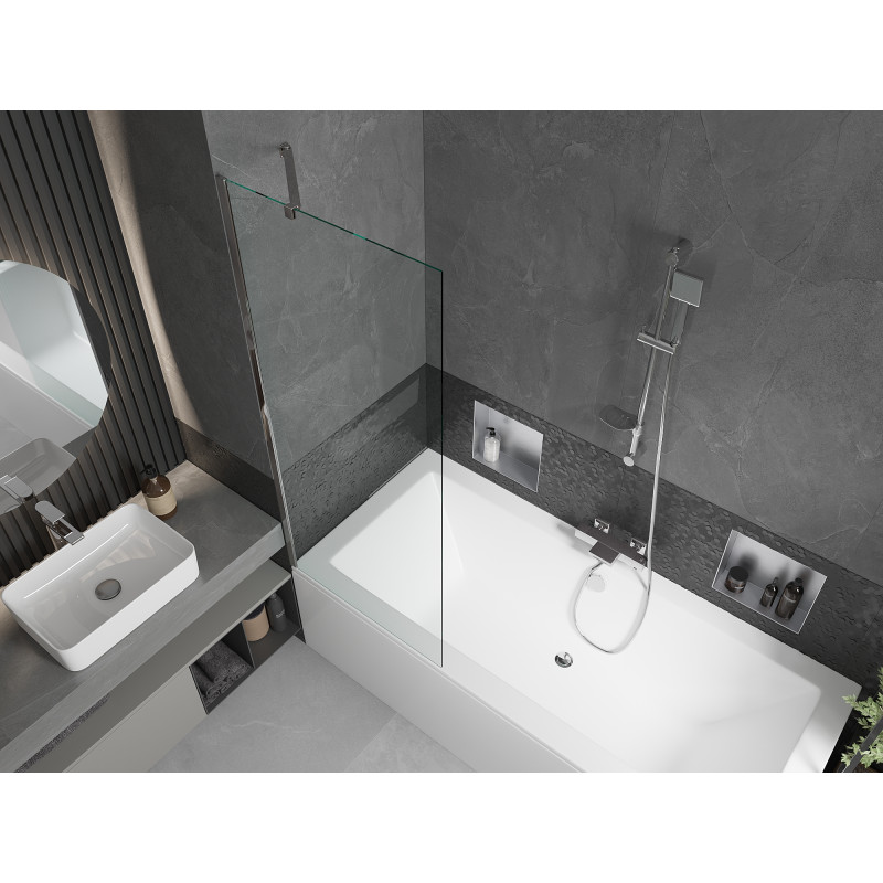 Mexen Cube Rechteckige Badewanne 180 x 80 cm mit Verkleidung und 1-flügeliger 70 cm Spritzwand, transparent, Chrom