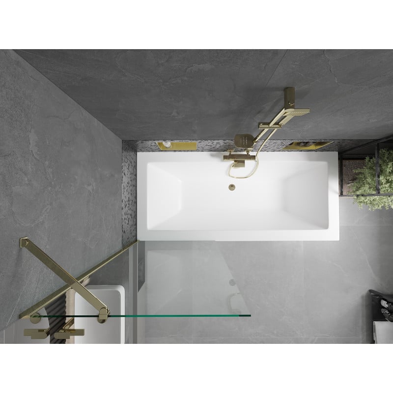 Mexen Cube Rechteckige Badewanne 180 x 80 cm mit Verkleidung und 1-flügeliger Duschabtrennung 70 cm, transparent, gold