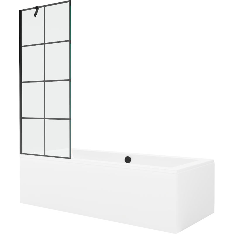 Mexen Cube rechteckige Badewanne 180 x 80 cm mit Verkleidung und 1-flügeliger Duschabtrennung 70 cm, schwarzes Muster