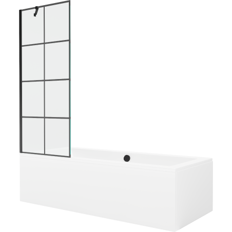 Mexen Cube rechteckige Badewanne 180 x 80 cm mit Verkleidung und 1-flügeliger Duschabtrennung 70 cm, schwarzes Muster