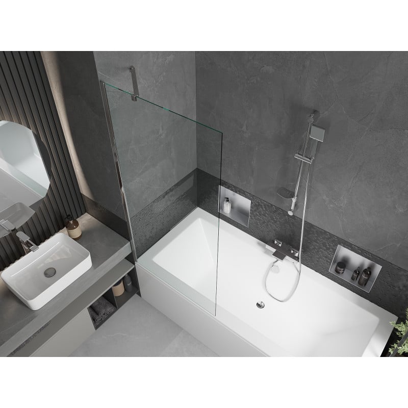 Mexen Cube Rechteckige Badewanne 180 x 80 cm mit Verkleidung und 1-flügeliger Abtrennung 80 cm, transparent, Chrom
