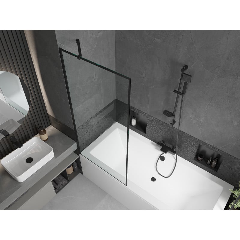 Mexen Cube Rechteckige Badewanne 180 x 80 cm mit Verkleidung und 1-flügeliger 80 cm Duschabtrennung, schwarzes Muster