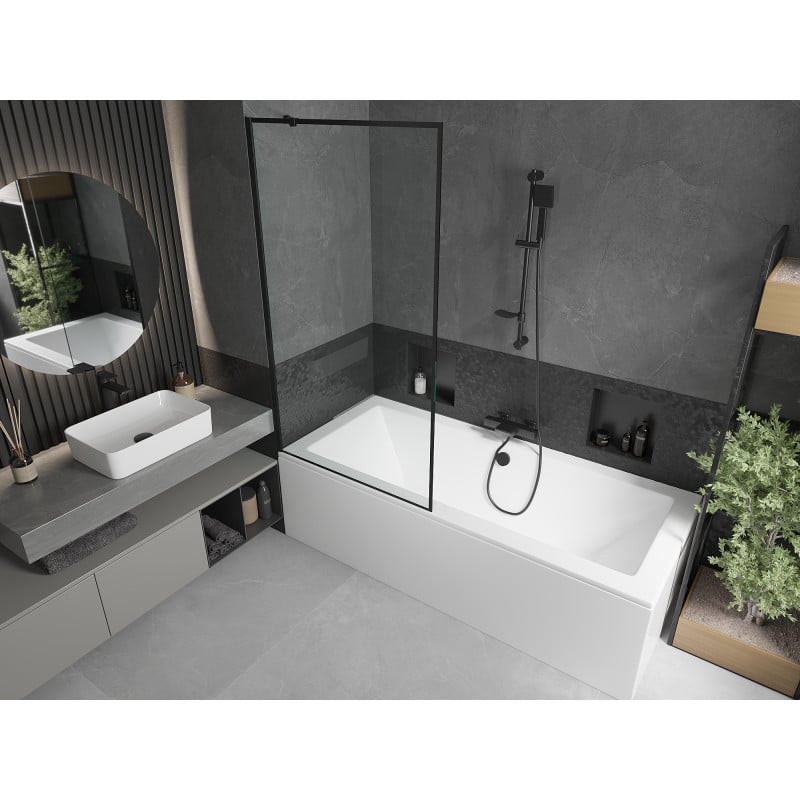Mexen Cube rechteckige Wanne 180 x 80 cm mit Verkleidung und 1-flügeliger Duschwand 90 cm, schwarzes Muster