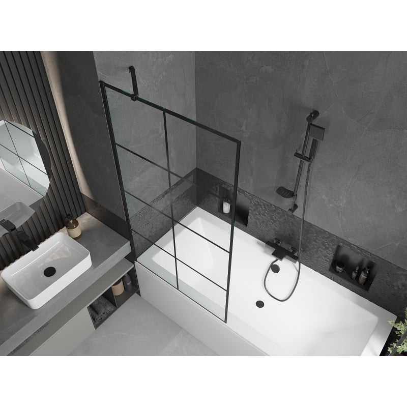 Mexen Cube rechteckige Wanne 180 x 80 cm mit Verkleidung und 1-flügeliger Schirm 90 cm, schwarzes Muster - 550518080X9509007077