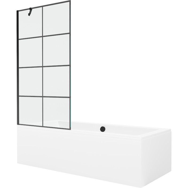 Mexen Cube Rechteckige Badewanne 180 x 80 cm mit Verkleidung und 1-flügeliger Duschabtrennung 90 cm, schwarzes Muster
