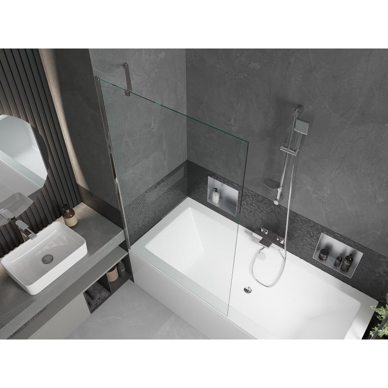 Mexen Cube Rechteckige Wanne 180 x 80 cm mit Verkleidung und 1-flügeliger Abtrennung 100 cm, transparent, chrom