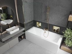Mexen Cube Rechteckige Badewanne 180 x 80 cm mit Verkleidung und 1-flügeligem 100 cm Paravent, transparent, gold