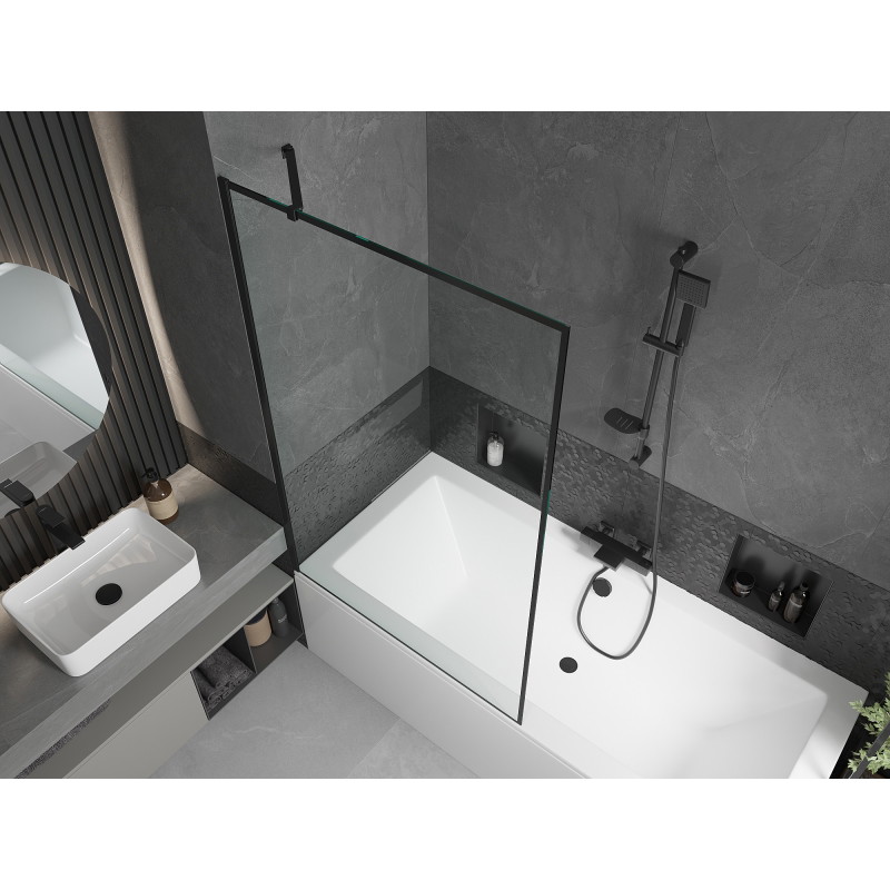 Mexen Cube Rechteckige Badewanne 180 x 80 cm mit Verkleidung und einflügeliger Duschwand 100 cm, schwarzes Muster