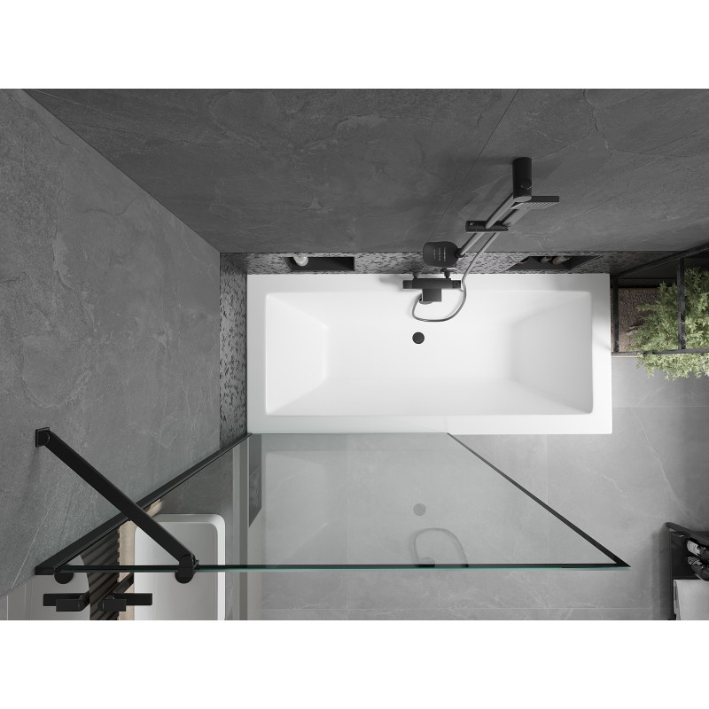 Mexen Cube Rechteckige Badewanne 180 x 80 cm mit Verkleidung und 1-flügeliger Duschabtrennung 100 cm, schwarzes Muster