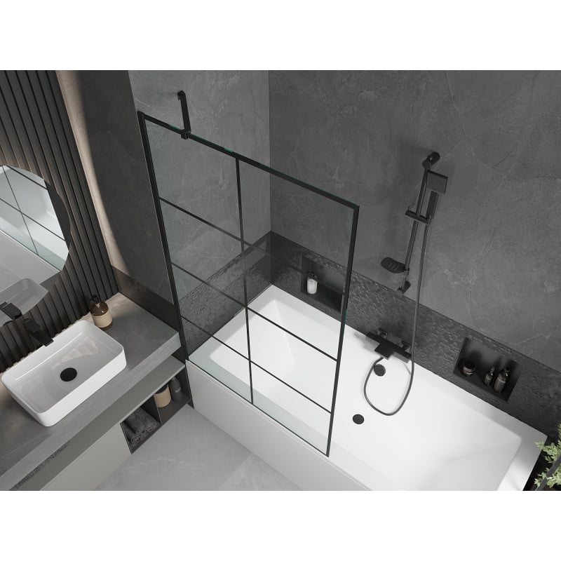 Mexen Cube Rechteckige Wanne 180 x 80 cm mit Verkleidung und 1-flügeliger Schwenkwand 100 cm, schwarzes Muster
