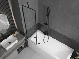 Mexen Cubik Rechteckige Badewanne 150 x 70 cm mit Verkleidung und 1-flügeliger 50 cm Duschwand, schwarzes Muster