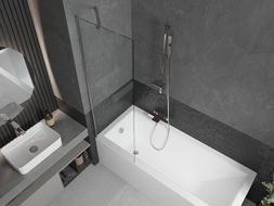 Mexen Cubik Rechteckige Wanne 150 x 70 cm mit Verkleidung und 1-flügeligem Paravent 60 cm, transparent, Chrom