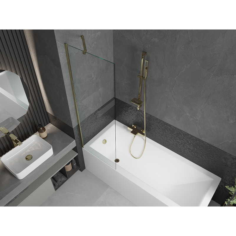 Mexen Cubik Rechteckige Badewanne 150 x 70 cm mit Verkleidung und 1-flügeliger Duschwand 60 cm, transparent, gold