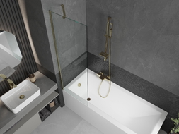 Mexen Cubik Rechteckige Badewanne 150 x 70 cm mit Verkleidung und 1-flügeliger Duschwand 60 cm, transparent, gold