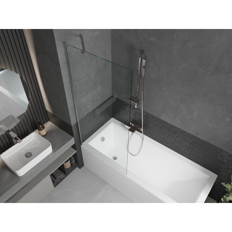 Mexen Cubik Rechteckige Badewanne 150 x 70 cm mit Verkleidung und 1-flügeliger Abtrennung 80 cm, transparent, Chrom