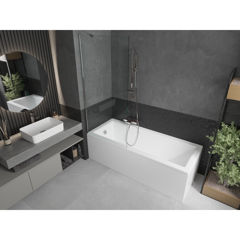 Mexen Cubik Rechteckige Badewanne 150 x 70 cm mit Verkleidung und 1-flügeliger Abtrennung 80 cm, transparent, Chrom
