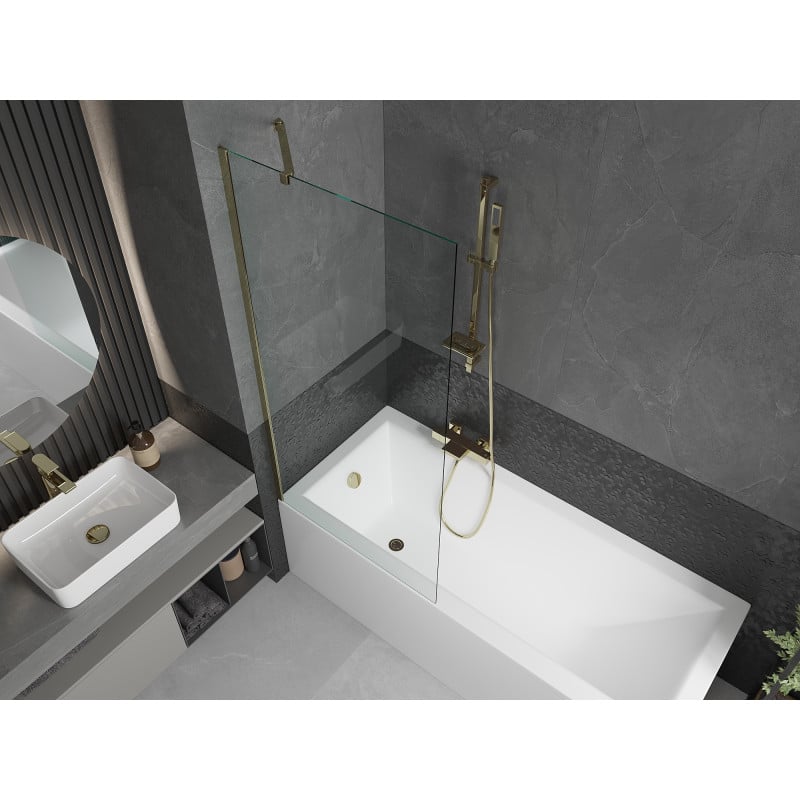 Mexen Cubik Rechteckige Badewanne 150 x 70 cm mit Verkleidung und 1-flügeligem 80 cm Paravent, transparent, gold