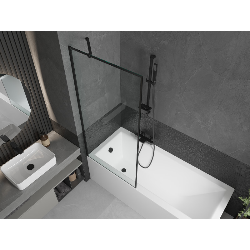 Mexen Cubik rechteckige Badewanne 150 x 70 cm mit Verkleidung und 1-flügeliger Abtrennung 80 cm, schwarzes Muster