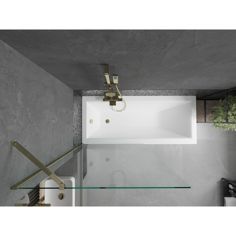 Mexen Cubik Rechteckige Badewanne 150 x 70 cm mit Verkleidung und 1-flügeliger 90 cm Duschabtrennung, transparent, gold