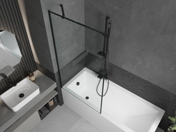 Mexen Cubik rechteckige Badewanne 150 x 70 cm mit Verkleidung und 1-flügeliger Abtrennung 90 cm, schwarzes Muster