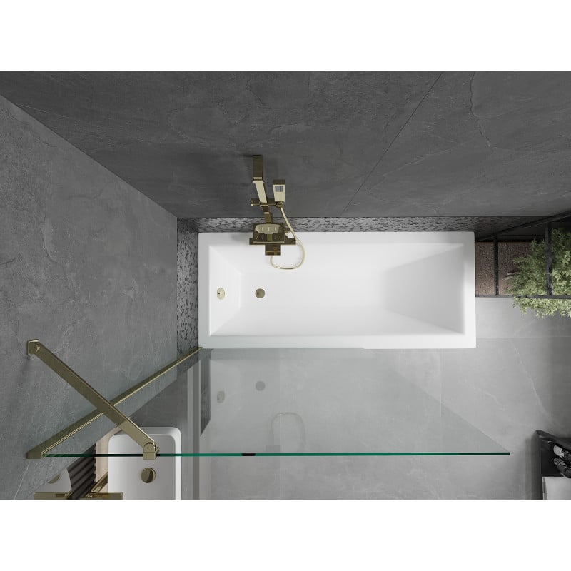 Mexen Cubik Rechteckige Badewanne 150 x 70 cm mit Verkleidung und 1-flügeliger Trennwand 100 cm, transparent, goldfarben