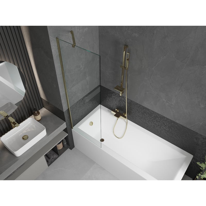 Mexen Cubik rechteckige Badewanne 160 x 70 cm mit Verkleidung und 1-flügeliger Duschwand 60 cm, transparent, gold