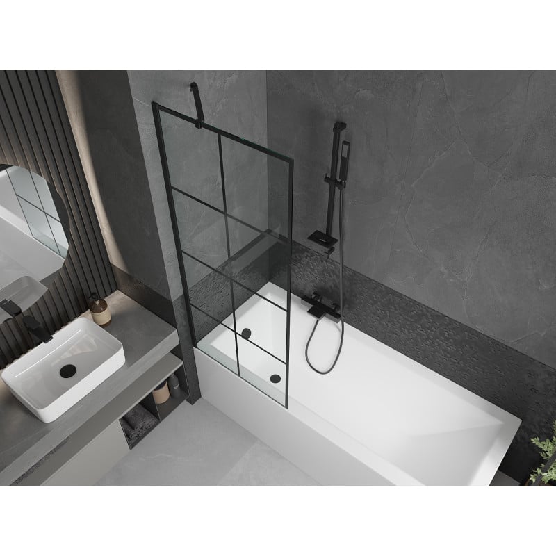 Mexen Cubik Rechteckige Wanne 160 x 70 cm mit Verkleidung und 1-flügeliger Schirm 70 cm, schwarzes Muster