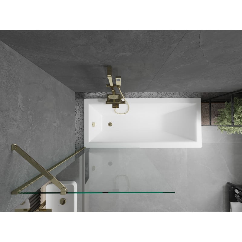 Mexen Cubik Rechteckige Badewanne 160 x 70 cm mit Verkleidung und 1-flügeliger Duschwand 80 cm, transparent, gold