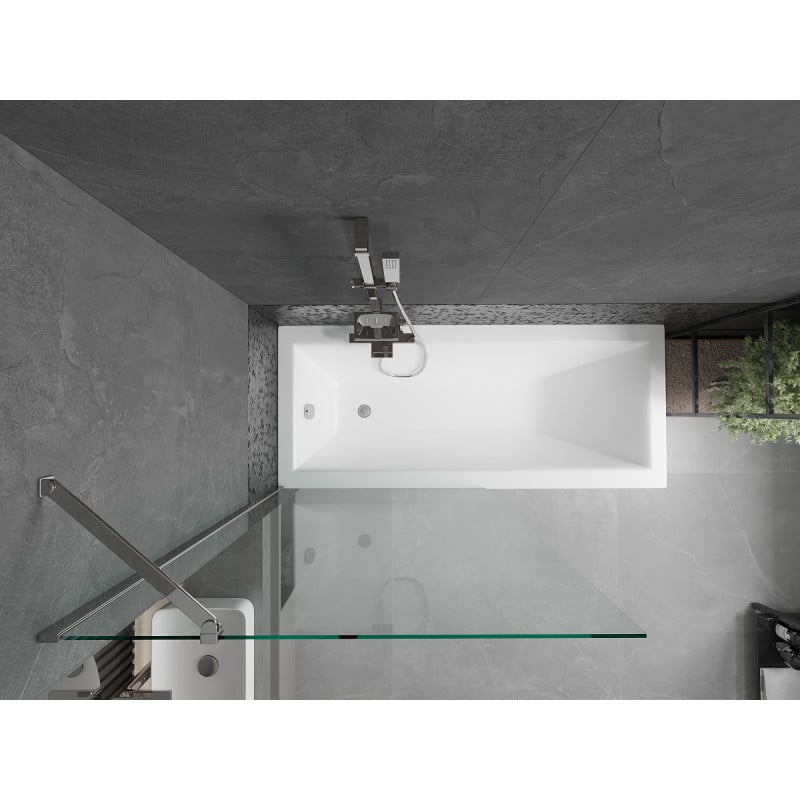 Mexen Cubik rechteckige Badewanne 160 x 70 cm mit Verkleidung und 1-flügeliger Abtrennung 90 cm, transparent, chrom