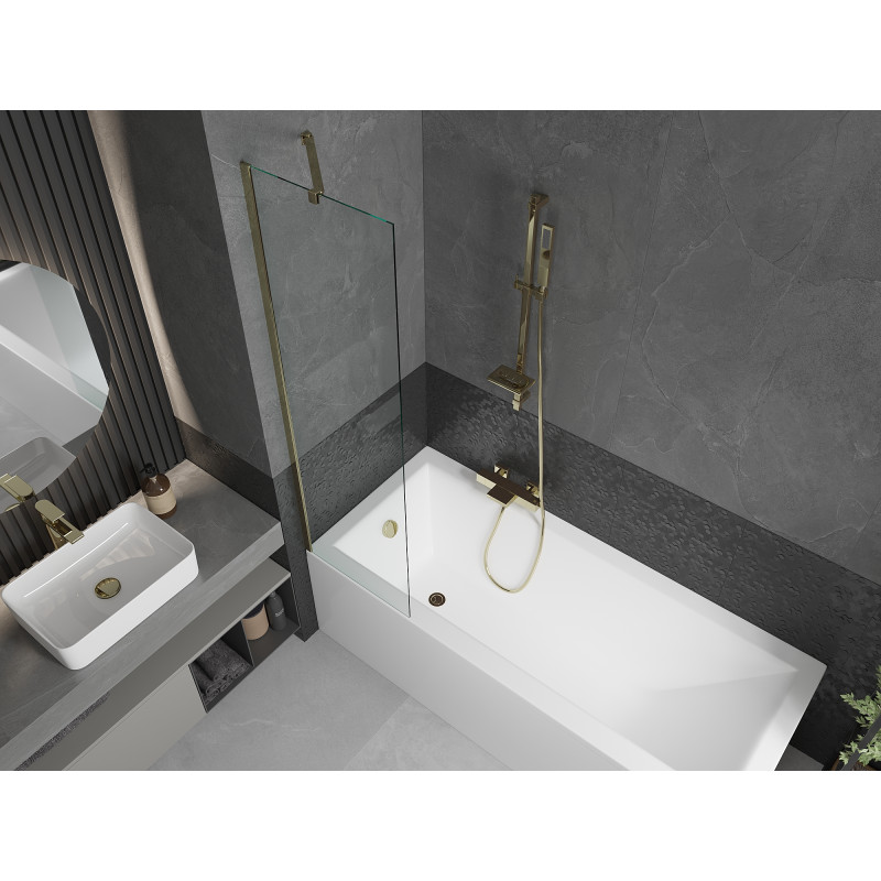 Mexen Cubik Rechteckige Badewanne 170 x 70 cm mit Verkleidung und 1-flügeligem Paravent 50 cm, transparent, golden
