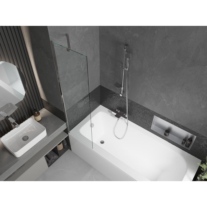 Mexen Vega Rechteckige Badewanne 150 x 70 cm mit Verkleidung und 1-flügeliger 50 cm Duschabtrennung, transparent, Chrom