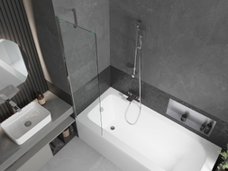 Mexen Vega Rechteckige Badewanne 150 x 70 cm mit Verkleidung und 1-flügeliger 50 cm Duschabtrennung, transparent, Chrom