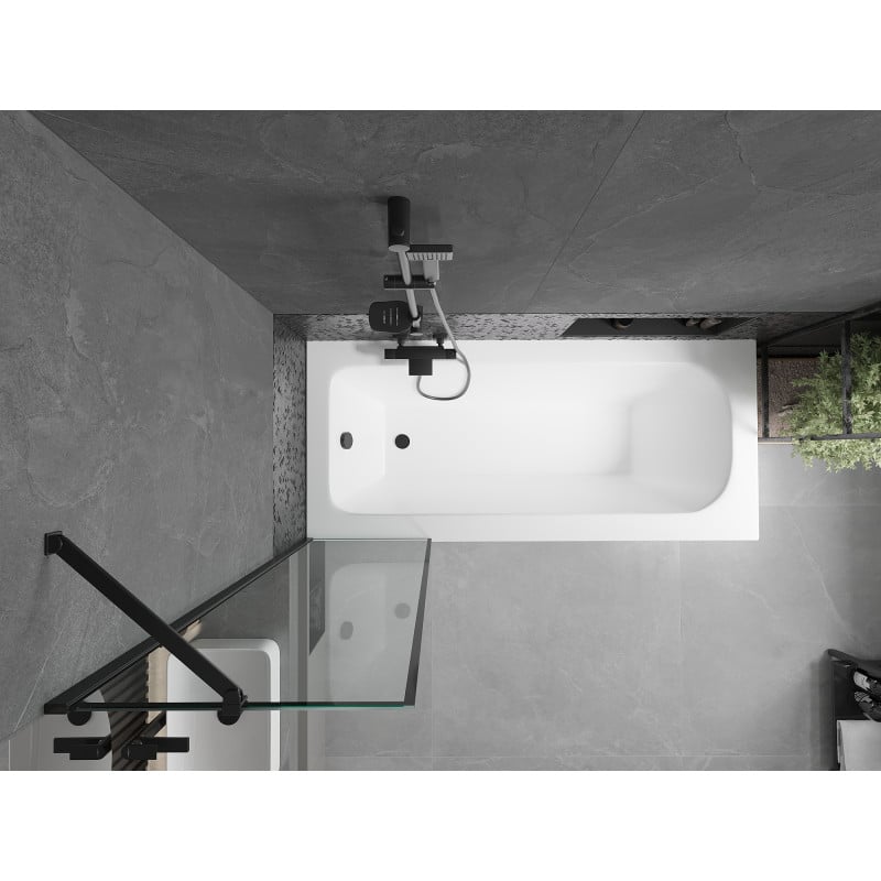 Mexen Vega Rechteckige Badewanne 150 x 70 cm mit Verkleidung und 1-flügeliger 50 cm Abtrennung, schwarzes Muster