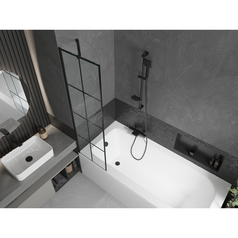 Mexen Vega Rechteckige Wanne 150 x 70 cm mit Verkleidung und 1-flügeliger Paravent 50 cm, schwarzes Muster