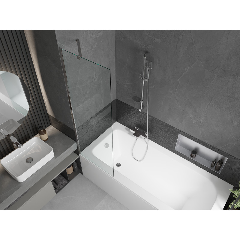 Mexen Vega Rechteckige Badewanne 150 x 70 cm mit Verkleidung und 1-flügeliger Duschabtrennung 60 cm, transparent, chrom