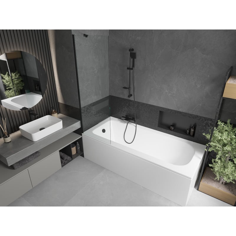 Mexen Vega Rechteckige Wanne 150 x 70 cm mit Verkleidung und 1-flügeligem Paravent 60 cm, transparent, schwarz