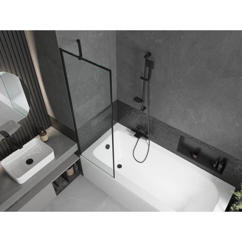 Mexen Vega Rechteckige Badewanne 150 x 70 cm mit Verkleidung und 1-flügeliger 60 cm Duschwand, schwarzes Muster