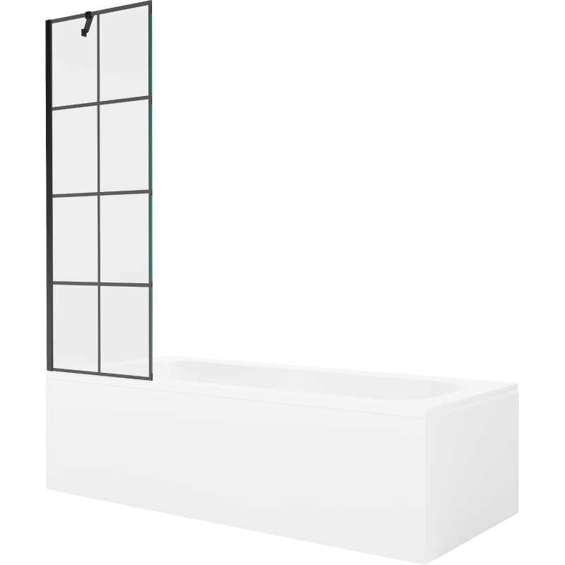 Mexen Vega Rechteckige Wanne 150 x 70 cm mit Verkleidung und 1-flügeliger 60 cm Duschwand, schwarzes Muster