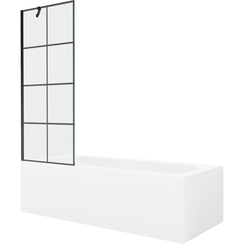 Mexen Vega Rechteckige Badewanne 150 x 70 cm mit Verkleidung und 1-flügeliger 70 cm Abtrennung, schwarzes Muster