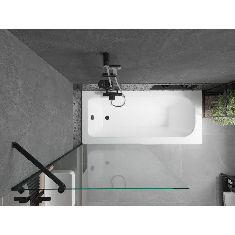 Mexen Vega Rechteckige Badewanne 150 x 70 cm mit Verkleidung und 1-flügeliger 90 cm Duschabtrennung, transparent, schwarz