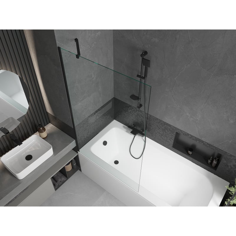 Mexen Vega Rechteckige Badewanne 150 x 70 cm mit Verkleidung und 1-flügeliger Trennwand 100 cm, transparent, schwarz