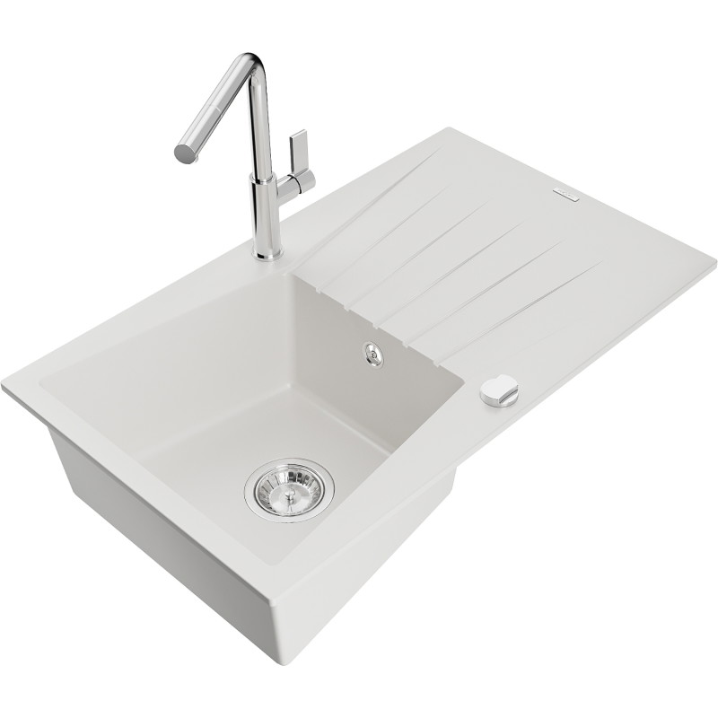 Mexen Cesar Granitspüle 1-Becken mit Abtropffläche und Küchenarmatur Flora, weiß - 6514-20-670401-00