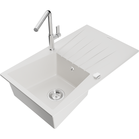 Mexen Cesar Granitspüle 1-Becken mit Abtropffläche und Küchenarmatur Flora, weiß - 6514-20-670401-00